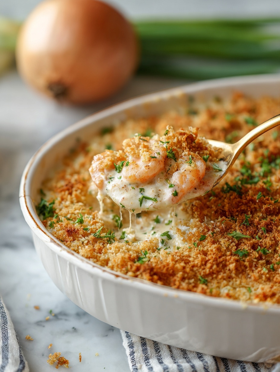 A white pan filled with a creamy shrimp dish, topped with a golden crumb layer and sprinkled with bright green parsley leaves. The creamy layer is off-white and smooth with chunks of shrimp visible beneath the crumb topping. A silver spoon is scooping some of the food, showing shrimp and creamy sauce. The pan is set on a wooden surface, with a yellow onion and green bell pepper blurred in the background. A striped cloth is by the pan's handle. photo taken with an iphone --ar 2:3 --v 7