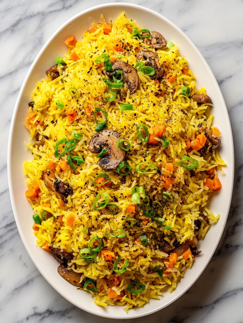 A close-up view of a dark-colored round frying pan filled with fried rice. The rice is light brown and mixed with bright green peas, sliced light beige mushrooms with darker brown centers, small pieces of pale green chopped spring onions, and tiny bits of scrambled egg that add a touch of yellow. The fried rice has a fluffy texture with scattered individual grains visible. The pan sits on a white marbled surface with a few scattered pieces of chopped spring onions around it. Photo taken with an iphone --ar 2:3 --v 7