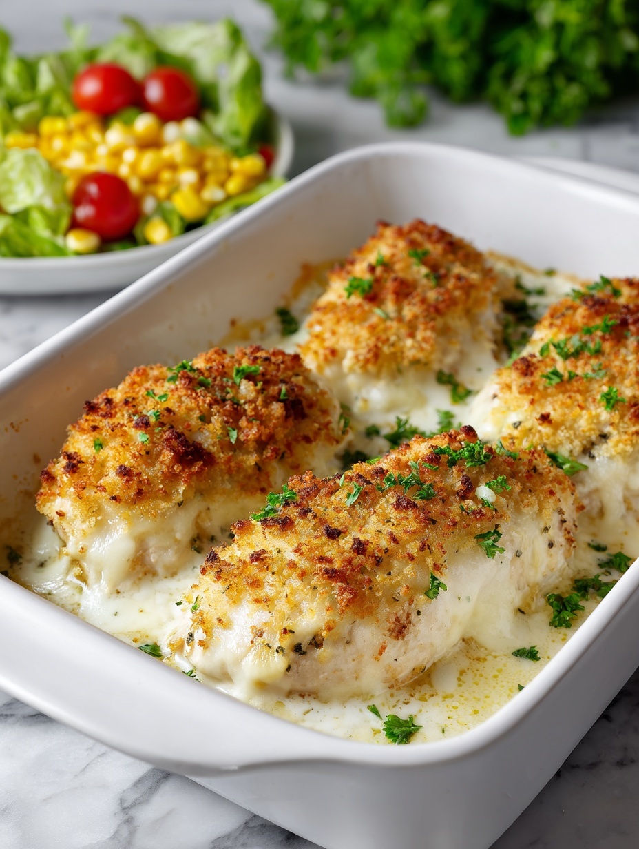 A white rectangular baking dish holds three large pieces of baked chicken covered with a creamy white sauce and topped with golden crumbly breading. The breadcrumbs are light to medium brown with a crunchy texture, sprinkled unevenly over the smooth creamy sauce. Small green parsley leaves add a fresh touch on top of each chicken piece. A metal spoon scoops one piece, lifting it slightly out of the dish to show the layered texture. In the background, a bowl with green lettuce and red cherry tomatoes sits on a white marbled surface. Photo taken with an iphone --ar 2:3 --v 7