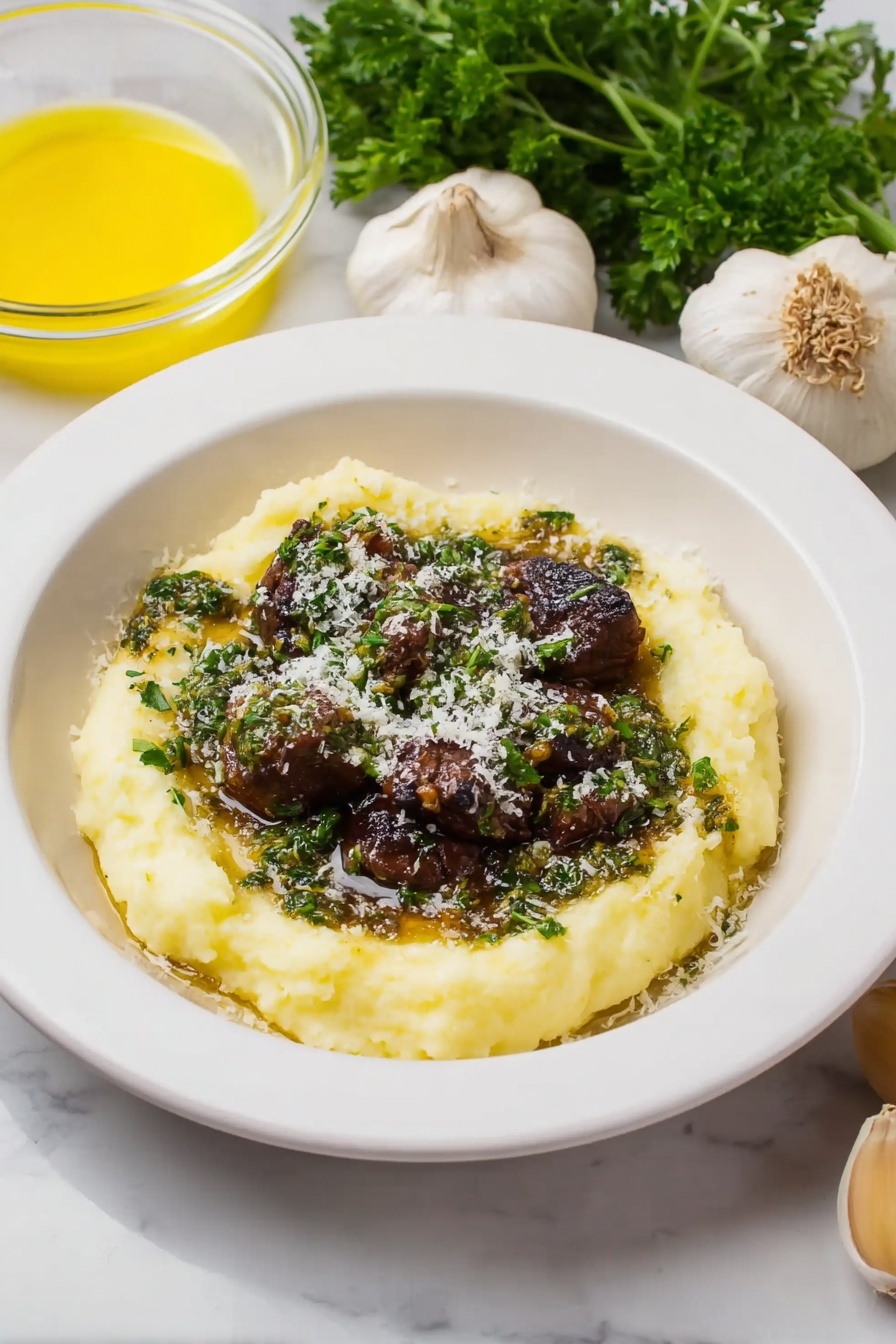 The image shows four steps of cooking in a black cast iron pan placed on a white marbled surface. In the first step, there are many small, bright red raw meat cubes spread evenly in the pan. The second step shows the meat cubes browned with a golden color, some pieces showing slightly darker charred parts. In the third step, melted butter is bubbling in the pan with small bits of minced garlic and red chili flakes placed on top, creating a creamy beige frothy texture. In the fourth step, the butter and garlic mixture is bubbling and being stirred by a wooden spoon held by a woman's hand, with a swirled pattern in the froth as the spoon moves through the liquid. Photo taken with an iphone --ar 2:3 --v 7