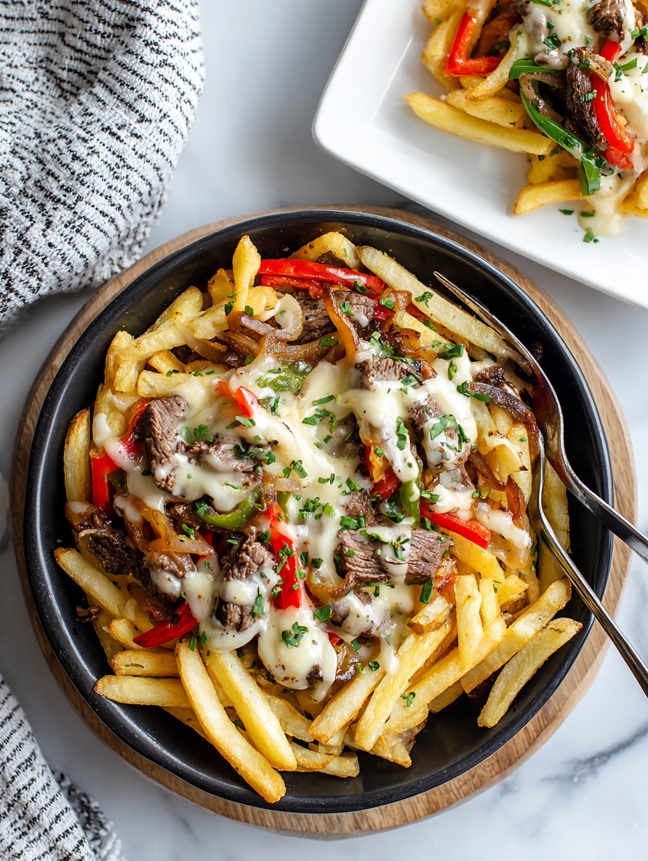 A black cast iron pan on a wooden board holds a dish with three main layers: the bottom layer is golden crispy fries scattered across the pan; on top of the fries are strips of dark brown grilled meat mixed with thin slices of green and red bell peppers; the top layer is creamy melted white cheese sauce evenly drizzled over the fries, meat, and peppers. A silver fork rests inside the pan, partially covered with the dish. In the background, a white square plate with a smaller portion of the same layered dish is visible, along with a white and gray striped cloth on a white marbled surface. Photo taken with an iphone --ar 2:3 --v 7