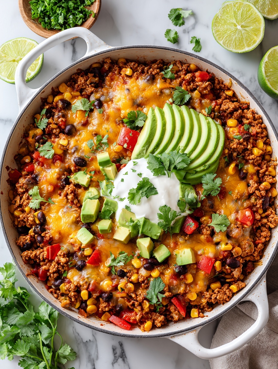 A close-up view of a pan filled with raw ground meat mixed with cooked browned parts with rough texture in pink and brown colors. A woman's hand holds a clear glass bowl pouring light brown powdered spice over the meat. A wooden spoon with a smooth surface rests in the pan on the right side, slightly blurred. The background shows a white marbled surface. Photo taken with an iphone --ar 2:3 --v 7