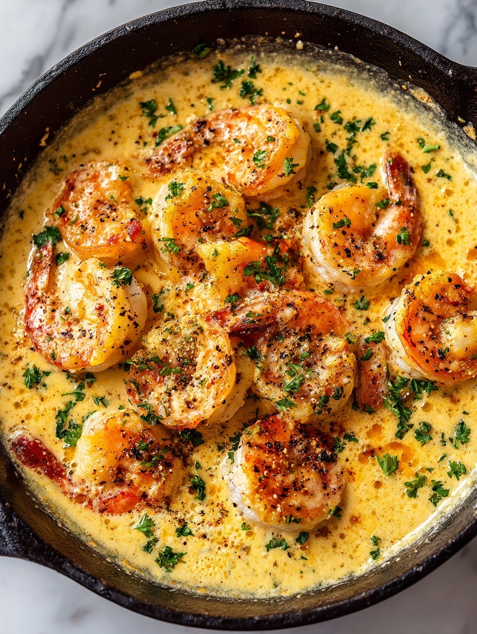 A white bowl filled with a creamy yellow sauce that covers the bottom and surrounds eight pink shrimp curled on top. The shrimp have visible tails with a slightly darker orange color. The sauce looks smooth and is speckled with small bits of black pepper and chopped green herbs scattered evenly across the dish. A bright yellow lemon wedge with a visible texture from the rind rests on the edge of the bowl, partially dipped into the sauce. The bowl is placed on a white marbled surface, giving a clean and fresh look. Photo taken with an iphone --ar 2:3 --v 7