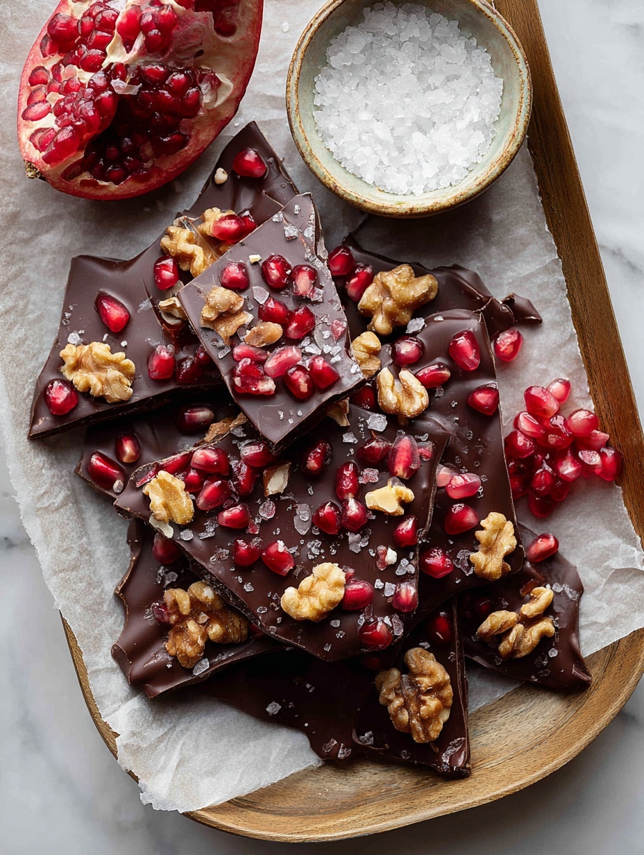 A dark chocolate bark broken into large, uneven pieces lies on a piece of light beige parchment paper on a textured dark metal tray. The bark is thick and glossy, covered with bright red pomegranate seeds and light golden walnut chunks scattered evenly across the top. A small round metal bowl with coarse salt sits near the top edge of the tray, and a pomegranate half with seeds is positioned nearby. The background beneath the tray is a white marbled texture. Photo taken with an iphone --ar 2:3 --v 7