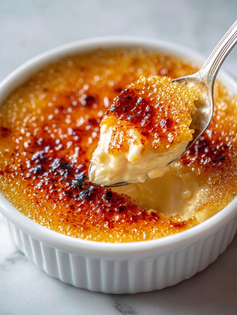 This image shows a close-up of a white bowl filled with crème brûlée. The dish has two layers: the top is a golden brown, caramelized, crispy sugar crust with a few darker burnt spots, and the bottom is a creamy, pale yellow custard. A silver spoon holds a scoop of both layers, showing the crunchy texture of the caramelized top and the smooth, soft custard beneath. The background has a soft white marbled texture. Photo taken with an iphone --ar 2:3 --v 7