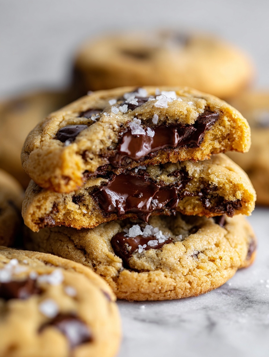 The image shows close-up of three chocolate chip cookies stacked on white marbled surface. The top cookie is broken in half, revealing a soft, moist inside filled with melted dark brown chocolate chips. The cookie dough is light golden brown with chunky dark chocolate pieces scattered throughout. Some salt flakes lightly sprinkle on the cookie tops, giving texture contrast. The cookies look soft and thick with slightly crinkled tops and warm rich chocolate oozing from the center. Photo taken with an iphone --ar 2:3 --v 7