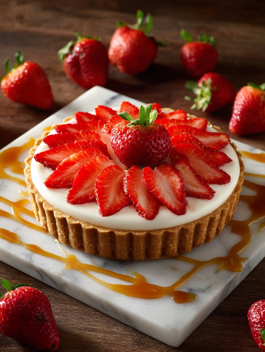 A round tart with a light brown crust base is topped with a thick, smooth white cream layer, evenly spread. On top of the cream, bright red strawberry slices are arranged in a circular, overlapping pattern, forming a flower shape, with a whole strawberry with green leaves in the center. The tart sits on a square white marble plate, decorated with thin spiral swirls of caramel sauce around the tart. Fresh whole strawberries with green leaves are scattered on the dark wooden surface around the plate. photo taken with an iphone --ar 2:3 --v 7