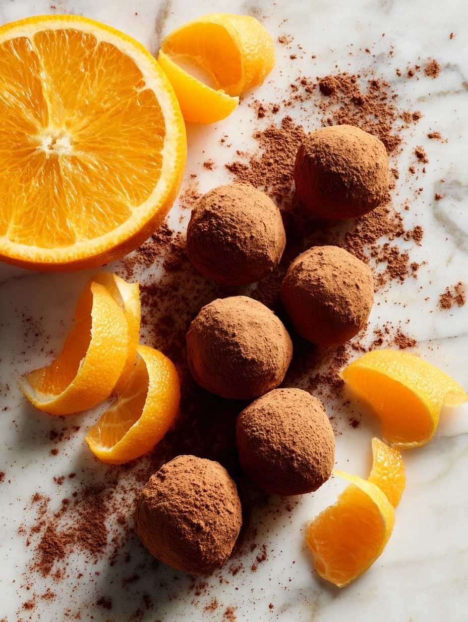 The image shows a group of round chocolate truffles covered in brown cocoa powder scattered in the center on a white marbled surface, with some cocoa powder smudges around them. There is a half orange placed on the top left side and two orange slices near the bottom left and right edges. Thin orange zest strips are scattered around the truffles, adding bright orange color contrasts to the dark brown cocoa and the light background. photo taken with an iphone --ar 2:3 --v 7