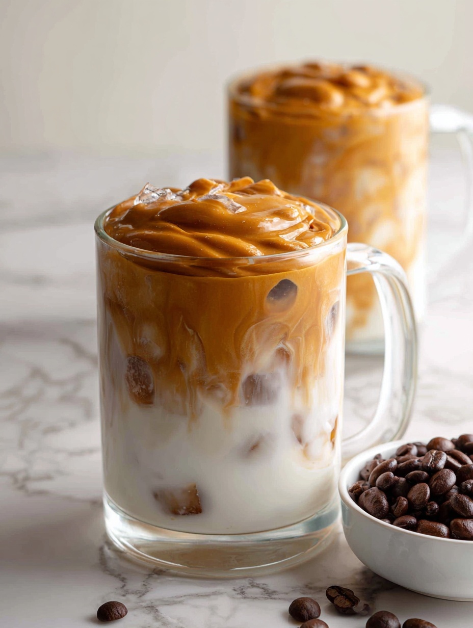 Two clear glass mugs with handles are filled with a drink showing three distinct layers: the bottom and largest layer is white milk with visible ice cubes, the middle layer is a light brown swirl where coffee mixes with milk, and the top layer is a thick, frothy, whipped coffee foam with a smooth texture and a few peaks. The mugs sit on a white marbled surface with some scattered coffee beans around. The background is plain and light-colored. photo taken with an iphone --ar 2:3 --v 7