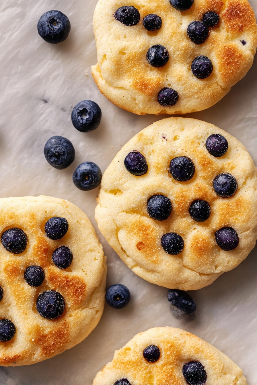 The image shows multiple light golden, fluffy cloud-like pancakes with a soft, uneven texture, each topped with several small, round, dark blue blueberries scattered across the surface. The pancakes are stacked closely together on a wooden surface with some loose blueberries around them. The edges of the pancakes are slightly browned, adding a crisp contrast to the soft centers. The overall look is airy and light with the blueberries adding a pop of deep color. Photo taken with an iphone --ar 2:3 --v 7