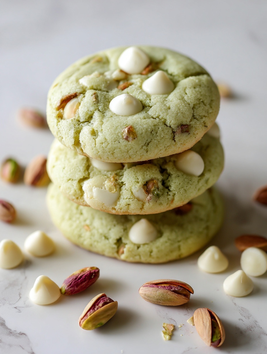 A stack of four thick, soft cookies with a pale green color sits directly on a white marbled textured surface. The cookies are studded with visible white chocolate chips and small light brown nut pieces, with a slightly rough and chunky texture on top. Some white chocolate chips and nuts are scattered around the base of the cookie stack. The lighting is soft, highlighting the crumbly texture and the contrast between the pale green cookie dough and the white chocolate chips. Photo taken with an iphone --ar 2:3 --v 7