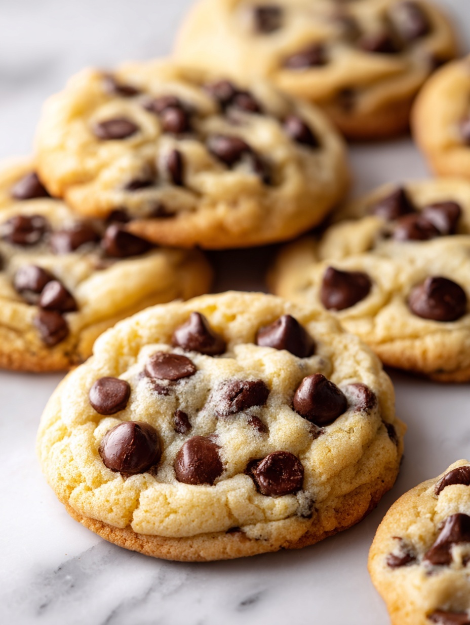The image shows several warm, thick chocolate chip cookies arranged closely on a white tray. Each cookie has a golden brown edge with a slightly lighter, soft center dotted generously with shiny, dark chocolate chips that create a textured, uneven surface. The cookies look soft and slightly cracked, showing a rich, chewy inside. The background is a white marbled texture, enhancing the warm tones of the cookies without distracting from them. photo taken with an iphone --ar 2:3 --v 7