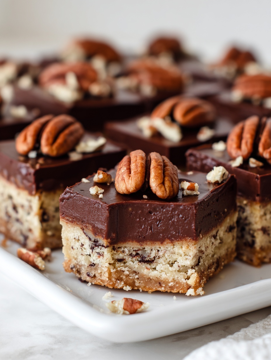 There is a white rectangular pan filled with 16 square bars arranged in four rows and columns. Each bar has two layers: the thick bottom layer is light brown with a rough texture full of small dark spots, while the thick top layer is glossy dark chocolate with whole and broken pecan nuts placed evenly on top. The edges of the bars are clean and the chocolate looks smooth and shiny. photo taken with an iphone --ar 2:3 --v 7