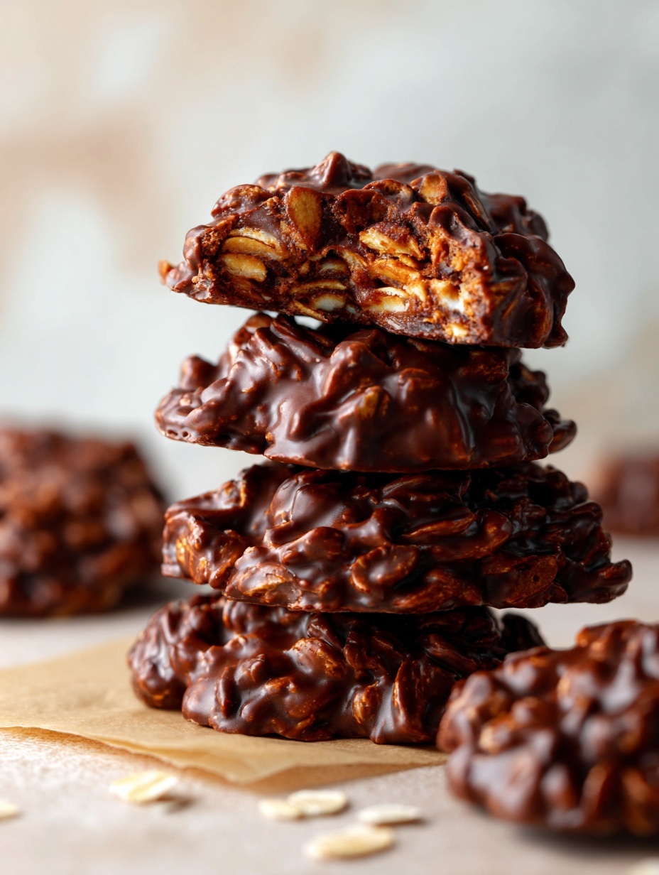 The image shows a white scalloped ceramic dish lined with brown parchment paper, holding a group of dark brown cookies made from oat flakes mixed with chocolate. Each cookie is round with a rough texture, covered in glossy, thick chocolate coating, and visible oat pieces giving a bumpy surface. The cookies are closely placed in the dish, and the dish sits on a white marbled surface with a cloth partially visible underneath. photo taken with an iphone --ar 2:3 --v 7