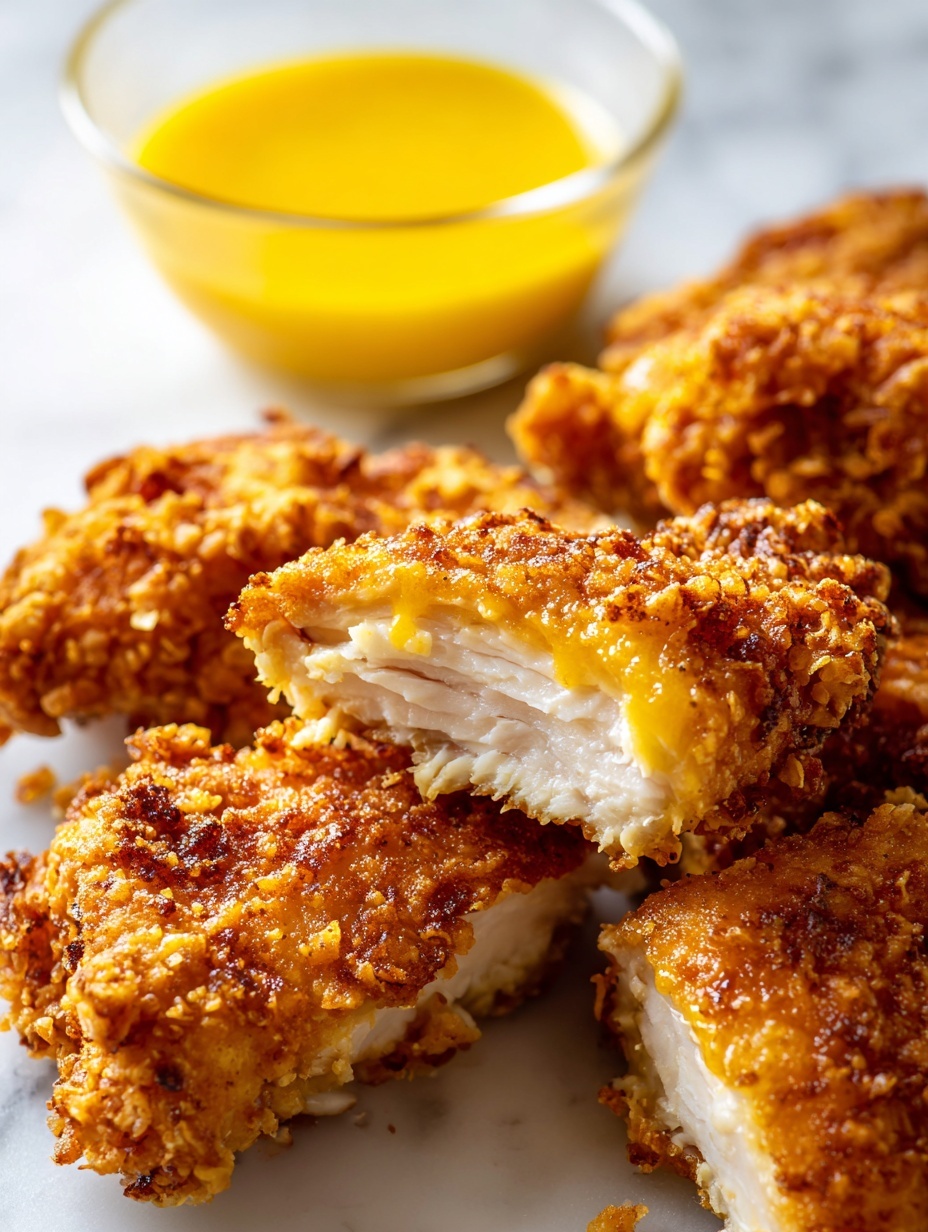 A close-up view of several pieces of fried chicken, each showing a crispy, golden brown coating with a rough texture, with one piece broken open to reveal tender, white meat inside. The chicken pieces are placed on a surface with a white marbled texture, and a small glass bowl filled with a smooth, bright yellow sauce is partially visible in the background. photo taken with an iphone --ar 2:3 --v 7