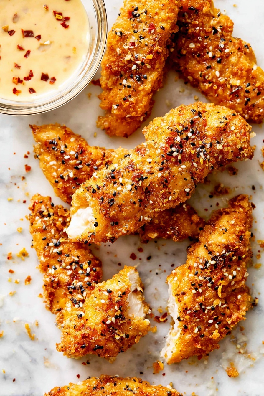 The image shows several pieces of golden brown fried chicken strips with a crispy texture, sprinkled with black and white sesame seeds and small seasoning bits. The chicken pieces are arranged on a white marbled surface with small crumbs scattered around. A small clear glass bowl filled with a creamy, light-colored dipping sauce with tiny red specks is placed near the chicken strips. The overall look is crunchy and appetizing with a warm color palette. photo taken with an iphone --ar 2:3 --v 7