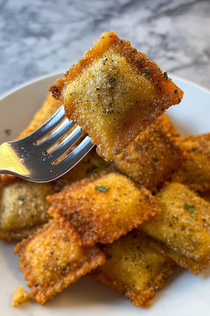 A close-up image showing a fork holding a golden-brown, square-shaped fried ravioli with a crispy textured coating mixed with green herbs. Below, a white plate filled with several similar fried ravioli pieces, all showing a crunchy outer layer with specks of seasoning. The background features a white marbled surface. The lighting highlights the crunchy texture on the ravioli and the shiny metal of the fork. photo taken with an iphone --ar 2:3 --v 7