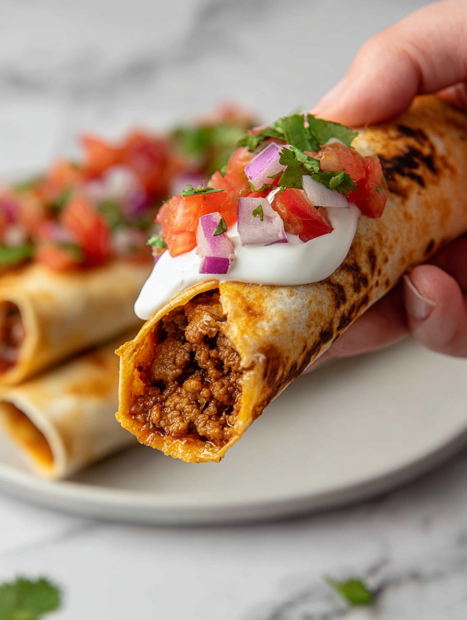 A close-up of a hand holding a rolled tortilla wrap with a visible bite taken out, showing a cooked ground meat filling inside with a light brown color and slightly crumbly texture. The golden-brown tortilla has slight char marks and is wrapped around the filling. On top of the wrap is a layer of white sour cream, scattered with small pieces of red diced tomato, purple onion slices, and green cilantro leaves. In the blurry background, there is a white plate with more wraps and a fresh tomato salsa mix placed on top, all set on a white marbled surface. Photo taken with an iphone --ar 2:3 --v 7