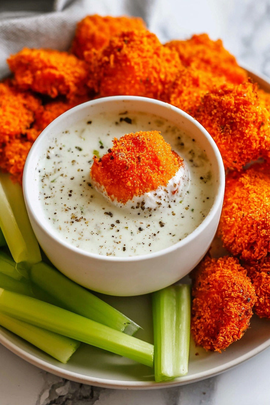 A white bowl filled with white creamy sauce with black pepper spots is placed in the center, holding a bright orange crispy piece dipped halfway into the sauce. Around the bowl, there are fresh light green celery sticks standing upright inside the sauce and lying on the white plate underneath. Surrounding the bowl on the plate are multiple bright orange crispy pieces with a rough textured surface, showing a crunchy look. The background is a white marbled surface. photo taken with an iphone --ar 2:3 --v 7