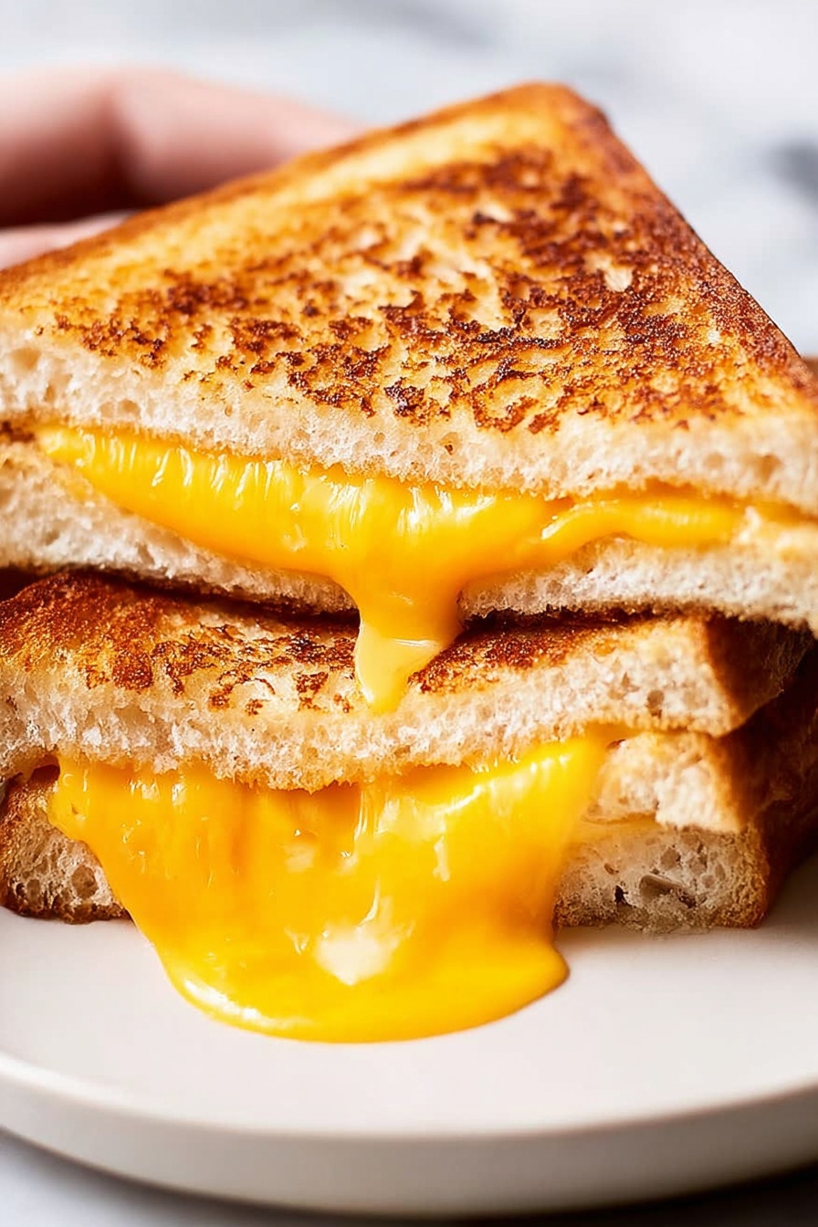 A grilled cheese sandwich is shown on a white plate placed on a white marbled surface. The sandwich has two layers of toasted bread with a golden-brown, crispy texture on the outside. Between the slices, a thick, bright orange melted cheese is oozing out, dripping down the side. The sandwich is cut in half diagonally, with one half slightly overlapping the other, showing the gooey cheese clearly between the layers. The image is close-up and well-lit, highlighting the warm colors and textures of the bread and cheese. photo taken with an iphone --ar 2:3 --v 7