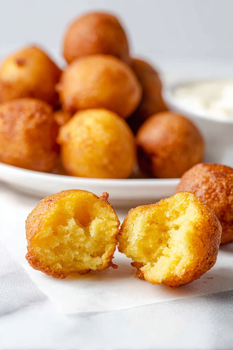 A close-up view of golden-brown fried cornmeal balls showing one ball broken open in front, revealing a soft, crumbly yellow inside texture. Behind it, there are more round, crispy balls piled on a white plate, with a small white bowl of creamy white sauce in the center of the plate. The setting is on a white marbled surface with a soft, bright background that highlights the warm colors of the fried balls. photo taken with an iphone --ar 2:3 --v 7