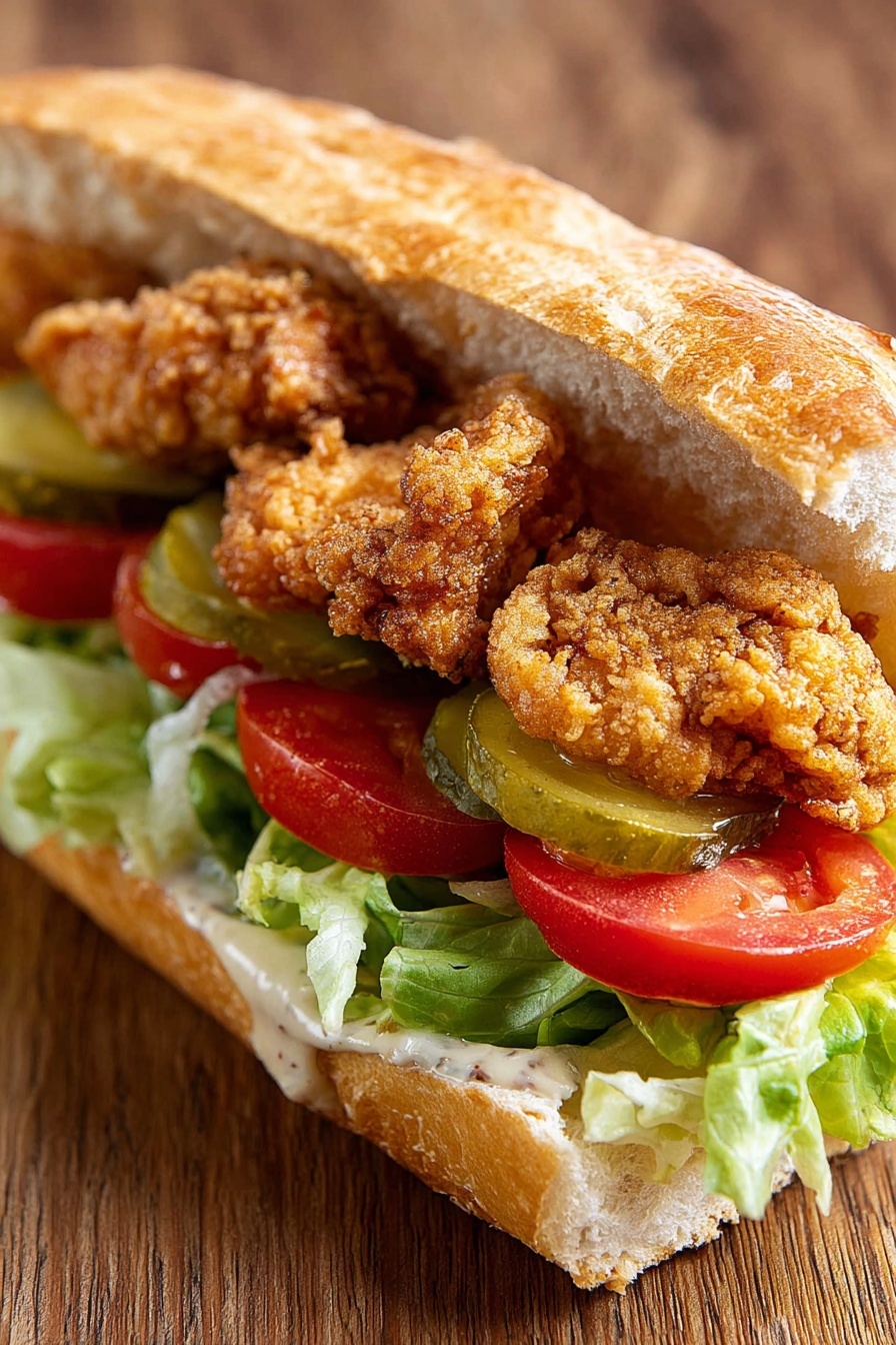 A white plate holds an open sandwich with two halves of a white baguette. One half is layered with light green shredded lettuce at the bottom, green pickle slices in the middle, and two thick red tomato slices on top. The other half has a layer of creamy light brown sauce spread evenly, topped with six golden brown fried shrimp arranged in a row. In the background, there are two other white plates, one with more fried shrimp and the other with more lettuce, tomato, and pickles. A small white bowl with more of the creamy sauce and a spoon is placed near the bottom right. The setting is on a white marbled surface with a blue and white cloth near the bottom left photo taken with an iphone --ar 2:3 --v 7