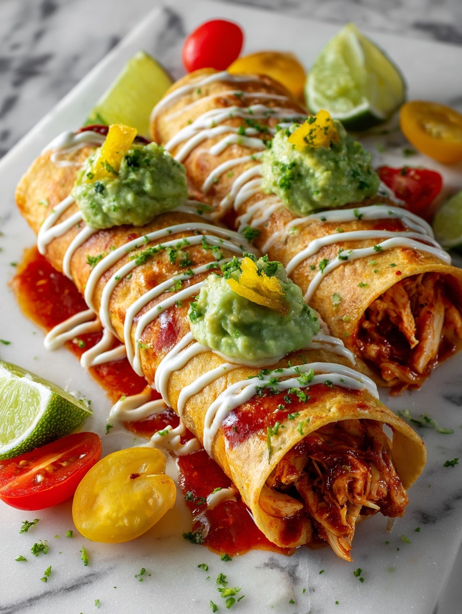 The image shows three golden brown fried rolled tortillas placed close together on a white plate with soft swirls of white sauce drizzled diagonally across each one. On top of each roll, there is a small scoop of chunky green guacamole, topped with small pieces of yellow and red cherry tomatoes and scattered fresh green cilantro leaves. The plate sits on a white marbled surface with a blurred bunch of cilantro in the background. The lighting highlights the crispy texture of the rolls and the fresh ingredients on top. photo taken with an iphone --ar 2:3 --v 7