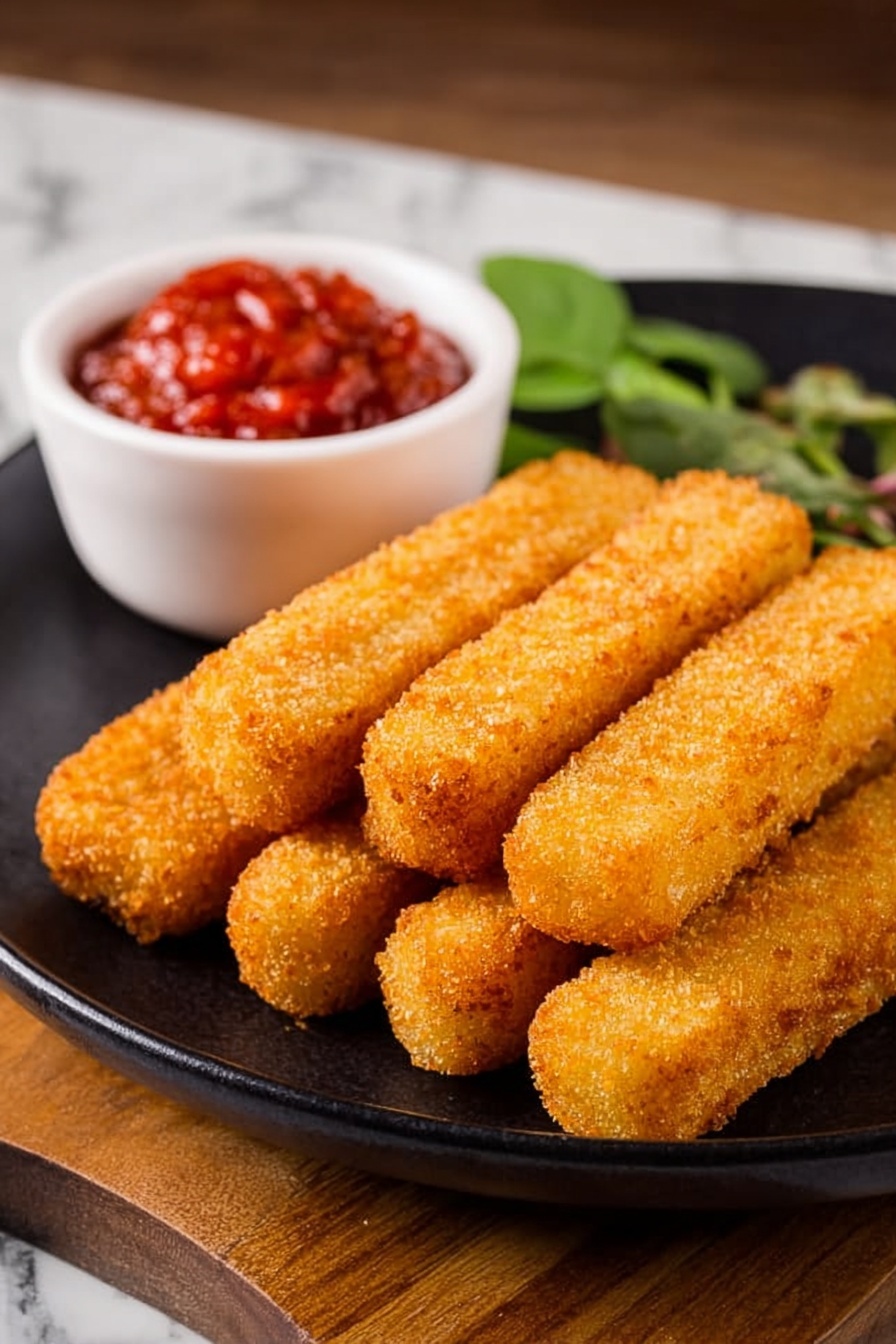 The image shows a black plate filled with a stack of ten golden brown crispy sticks arranged in two layers, with the front layer resting on top of the back layer. The texture of the sticks is crunchy and crumbly. At the back left side of the plate, there is a small white bowl filled with a bright red chunky sauce. Beside the bowl, there is a small bunch of fresh green leafy herbs. The plate is placed on a wooden surface with a blurred background. photo taken with an iphone --ar 2:3 --v 7