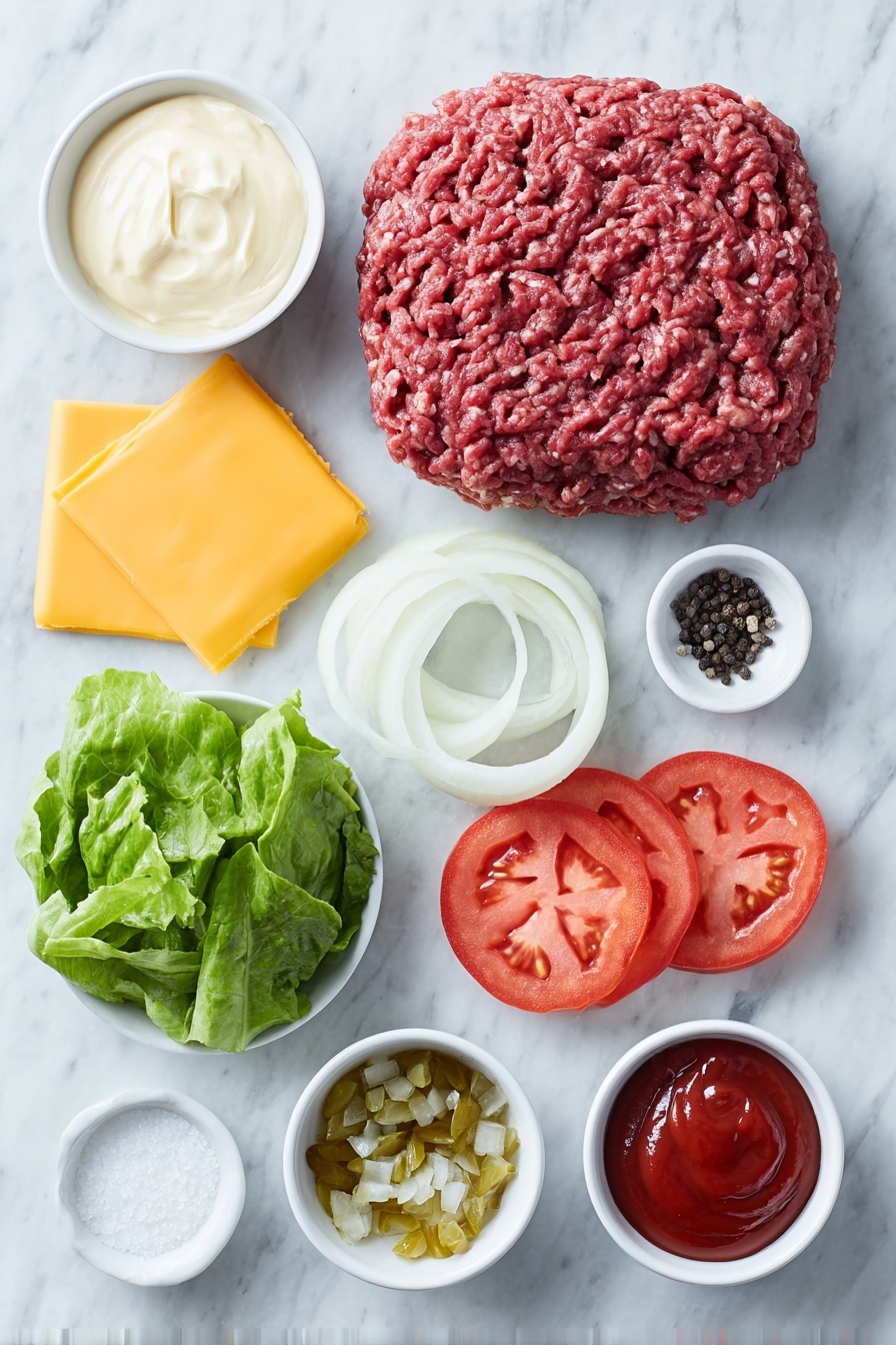 Flat lay of fresh raw ground beef formed into a round patty, a small pile of coarse salt crystals, a small heap of whole black peppercorns, a small white ceramic bowl with creamy mayonnaise, a small white ceramic bowl with bright red ketchup, a small white ceramic bowl containing chunky sweet pickle relish, a small white ceramic bowl with granulated white sugar, a small white ceramic bowl with clear white vinegar, two slices of medium cheddar cheese with smooth edges, several thick slices of ripe red tomato, crisp green leaf lettuce leaves, thinly sliced white onion rings, two soft golden hamburger buns placed side by side, all arranged symmetrically and balanced, placed on a clean white marble surface, soft natural light, photo taken with an iPhone, professional food photography style, fresh ingredients, white ceramic bowls, no bottles, no duplicates, no utensils, no packaging --ar 2:3 --v 7 --p m7354615311229779997