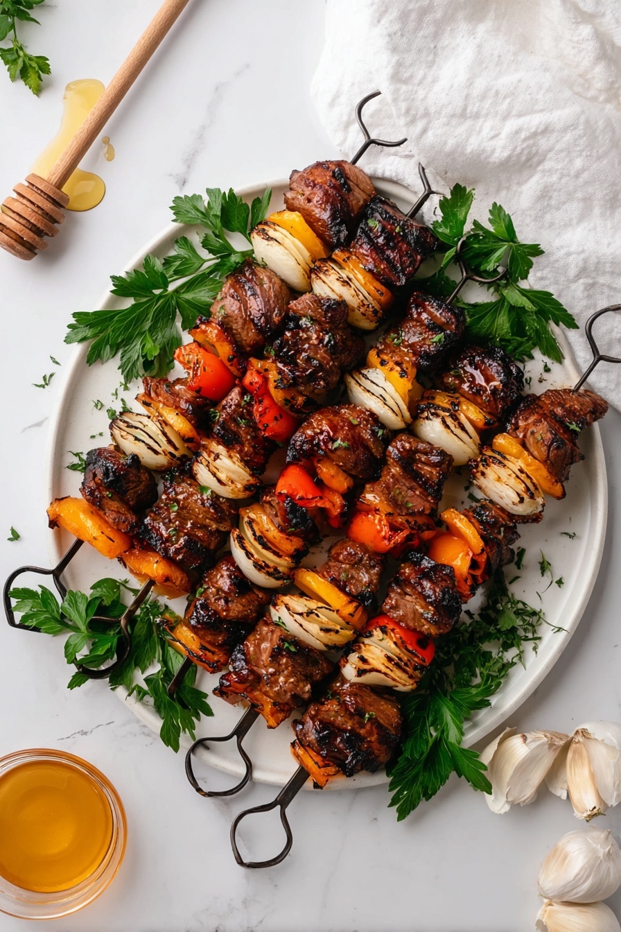 The image shows a white plate with a bed of fresh green leafy vegetables at the bottom. On top, there are several chunks of grilled chicken, grilled red bell peppers, grilled yellow bell peppers, and grilled onions, each piece showing a slightly charred texture with brown and black grill marks. The chicken pieces are plump and browned, while the vegetables have soft, cooked textures with visible grill marks and a mix of vibrant red, yellow, and white colors. The plate is placed on a white marbled surface, with a black fork resting on the plate and two black skewers crossed in front of it. In the background, another white plate with grilled skewers and green parsley is partially visible. Photo taken with an iphone --ar 2:3 --v 7