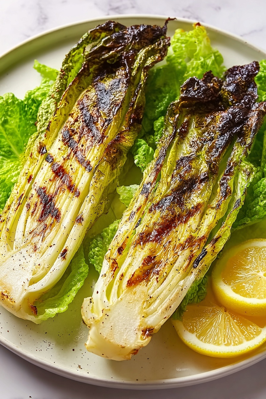 The image shows two halves of grilled romaine lettuce placed side by side on a white round plate over a white marbled surface. Each half has multiple layers of green leaves, from pale yellow-green in the center to darker green with a slightly burnt, crispy texture on the edges. The grill marks are dark brown, adding a charred pattern on the lettuce surfaces. On the side of the grilled lettuce, there are two lemon wedges with bright yellow skin and light yellow flesh. Photo taken with an iphone --ar 2:3 --v 7