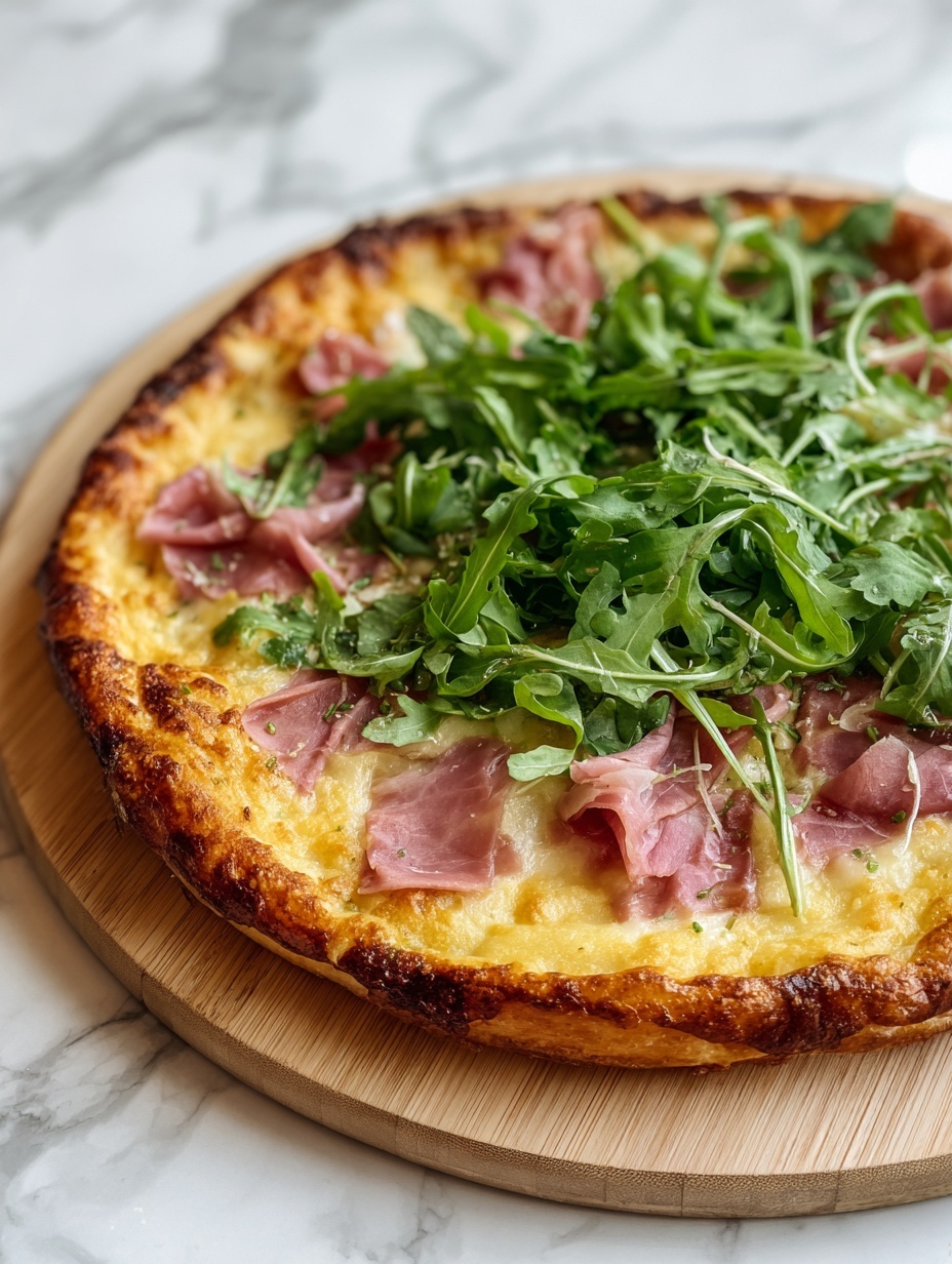 This image shows a pizza on a round wooden board placed on a white marbled texture. The pizza is sliced into six pieces, each slice featuring a pale golden crust with light browning. The first layer is melted cheese with a slightly bubbly and light yellow texture spread evenly over the crust. On top of the cheese, thin slices of pinkish cured meat are laid out. Fresh, bright green arugula leaves cover the pizza, adding a leafy, textured layer that almost hides the meat beneath. A woman's hand is lifting one slice from the bottom right side of the pizza. Photo taken with an iphone --ar 2:3 --v 7