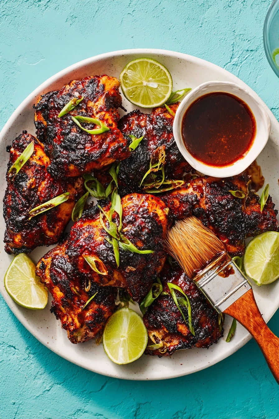 A white plate holds six pieces of grilled chicken with a dark, charred surface layered with brown and black colors. Bright green sliced scallions are sprinkled over the chicken, adding light green pops of color. Two lime wedges with a fresh green rind and pale yellow inside sit on the chicken near the center. On the right side of the plate, a wooden brush with dark red sauce on its bristles is applying sauce on one piece of chicken. A white bowl of dark red sauce sits nearby on a white marbled surface background. The photo was taken with an iphone --ar 2:3 --v 7