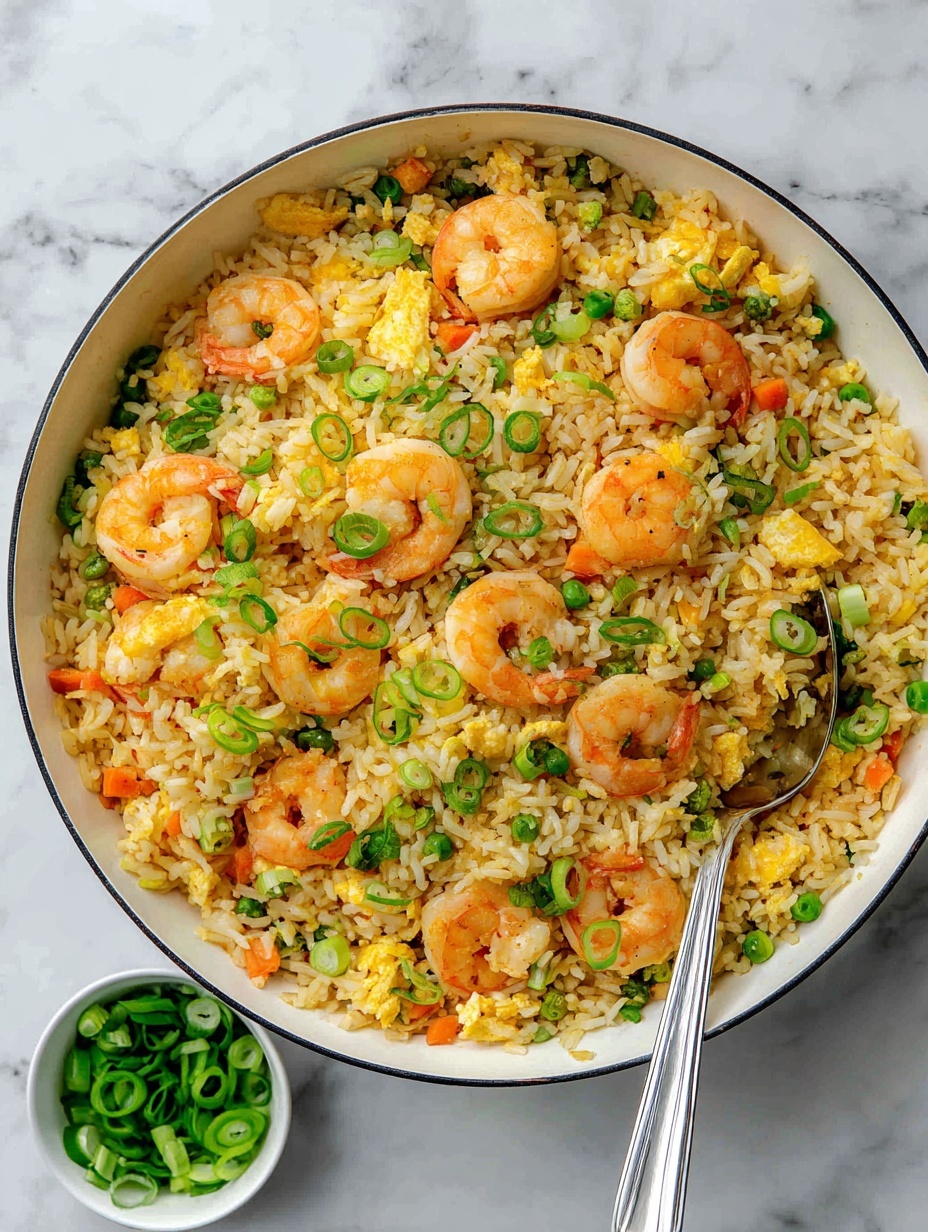 A large pan filled with a colorful shrimp fried rice, showing many plump orange shrimp scattered evenly across the top layer, mixed with yellow rice and small pieces of green peas and diced orange carrots throughout. The rice has a slightly oily, shiny texture and is well-mixed with the vegetables and shrimp. On the white marbled surface next to the pan, there is a small white bowl with chopped green onions. The pan is shiny silver with thick handles, and a silver spoon rests inside the pan at the bottom. The photo taken with an iphone --ar 2:3 --v 7