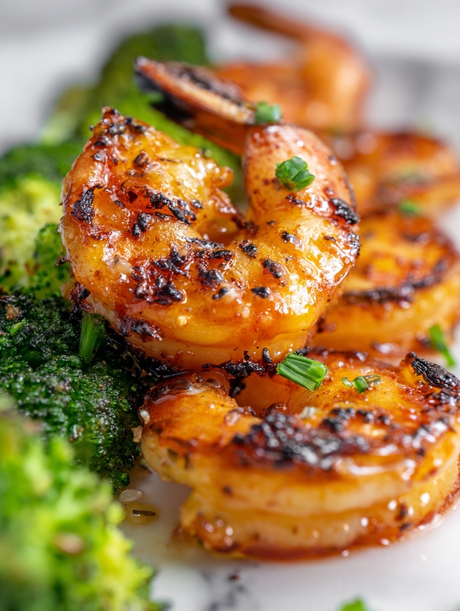 This image shows a close-up of cooked shrimp and broccoli. The dish has two main layers: the first layer has bright green broccoli with a slightly roasted texture, showing small char marks. The second layer has orange and pink shrimp with a light char on the outside and a glossy surface from a glaze or sauce. A woman's hand holds a fork lifting one shrimp in the center, showing the shrimp's curled shape and shiny texture. The background is a white marbled texture. Photo taken with an iphone --ar 2:3 --v 7