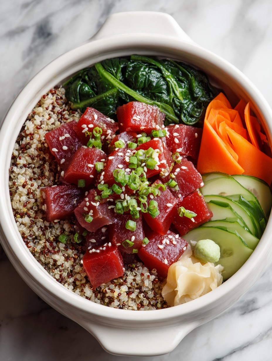 The image shows a white bowl filled with a colorful poke bowl. The bottom layer is a mix of cooked grains in light brown and off-white shades. On top, there are bright red cubes of raw tuna, seasoned and sprinkled with white sesame seeds and chopped green onions. Around the tuna, on the left side, there are thin slices of cucumber in light green with a soft texture, and a small scoop of light green avocado. Toward the back, large dark green spinach leaves add a fresh touch. Small shreds of orange carrot and pale yellow pickled ginger are placed on the right side, adding variety and color contrast. The bowl is placed on a white marbled surface. Photo taken with an iphone --ar 2:3 --v 7