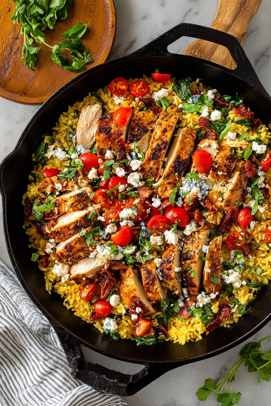 The image shows a black cast iron pan filled with a colorful layered dish. The bottom layer is yellow rice mixed with small green herbs and chopped spinach, giving it a soft texture. On top of the rice, there are slices of browned grilled chicken placed evenly around the pan. Scattered throughout the dish are halved bright red cherry tomatoes, pieces of dark purple olives, and crumbled white cheese, which adds contrast and texture. Fresh green herbs are sprinkled on top as garnish. The pan is placed on a white marbled surface with a grey and white striped cloth in the background and a round wooden item nearby. photo taken with an iphone --ar 2:3 --v 7