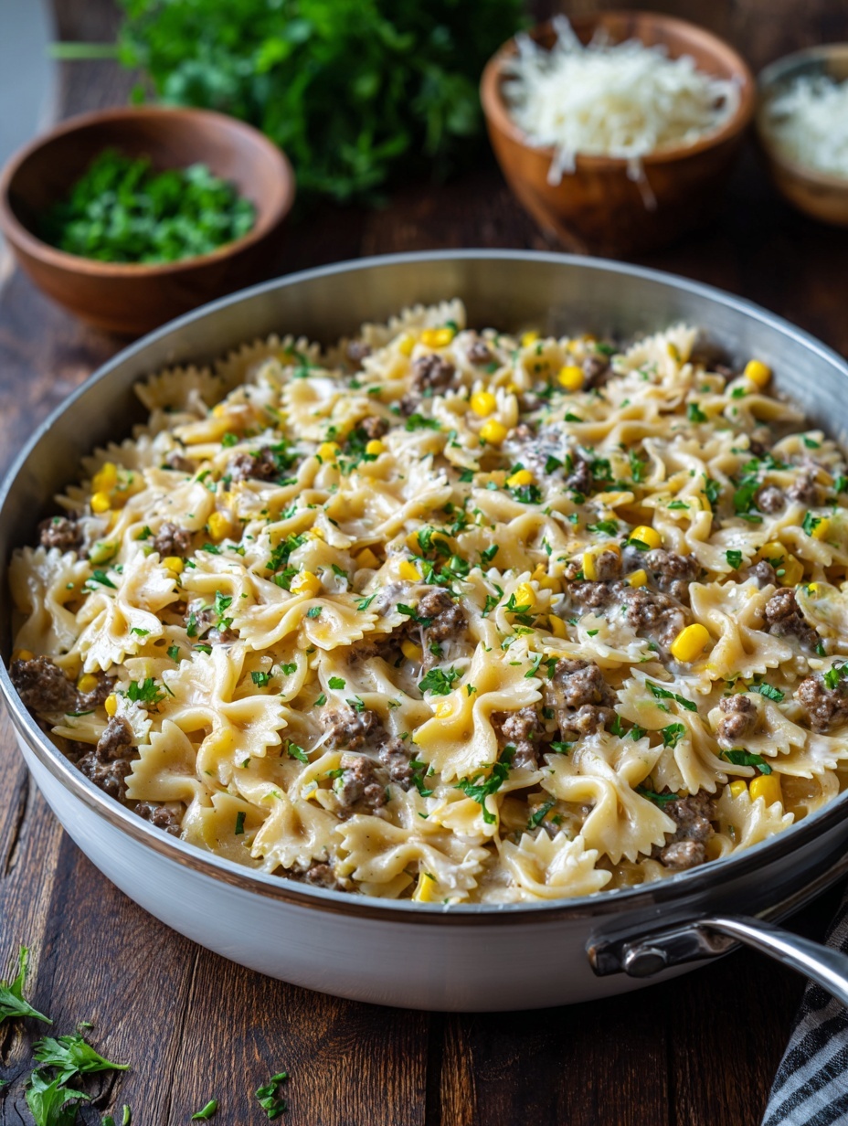 A white pot with two handles is filled with a dish made of light yellow farfalle pasta mixed with small brown cooked ground meat pieces and bright yellow corn kernels. The pasta and meat are evenly spread inside the pot, sprinkled with small bits of green herbs. Around the pot, there is a wooden surface with fresh green parsley on the left and a small white bowl containing shredded pale cheese above. Some parsley leaves and a brown cloth napkin are near the bottom right corner. The photo taken with an iphone --ar 2:3 --v 7