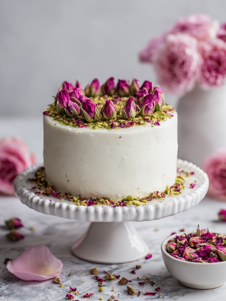 A small round cake with one visible layer is covered fully in smooth white icing. Around the top edge, there is a circle of crushed green pistachios mixed with dried pink rose petals and rose buds, creating a colorful ring. The cake sits on a white scalloped cake stand, and scattered pistachios and rose petals surround the cake stand. In the foreground, blurry pink flowers add a soft touch, all set on a white marbled surface. Photo taken with an iphone --ar 2:3 --v 7