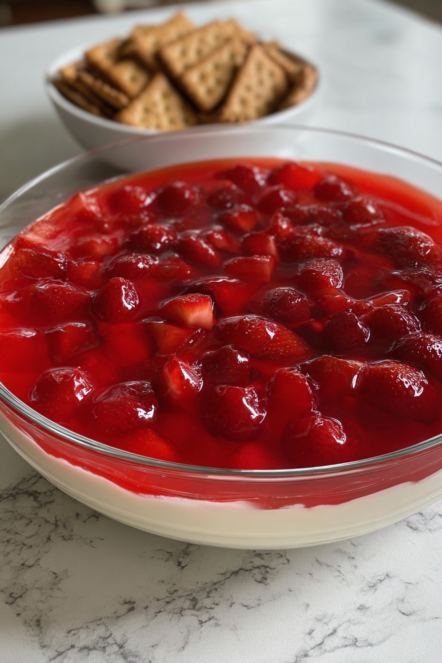 A clear glass dish holds a layered dessert with a bright red, shiny, jelly-like top layer filled with whole and halved strawberries, giving a glossy and textured appearance. Underneath this top layer, a creamy white layer is barely visible around the edges. In the background, there is a white bowl filled with pieces of golden brown crackers. The setting is on a white marbled surface with a light green wall in the background. Photo taken with an iphone --ar 2:3 --v 7