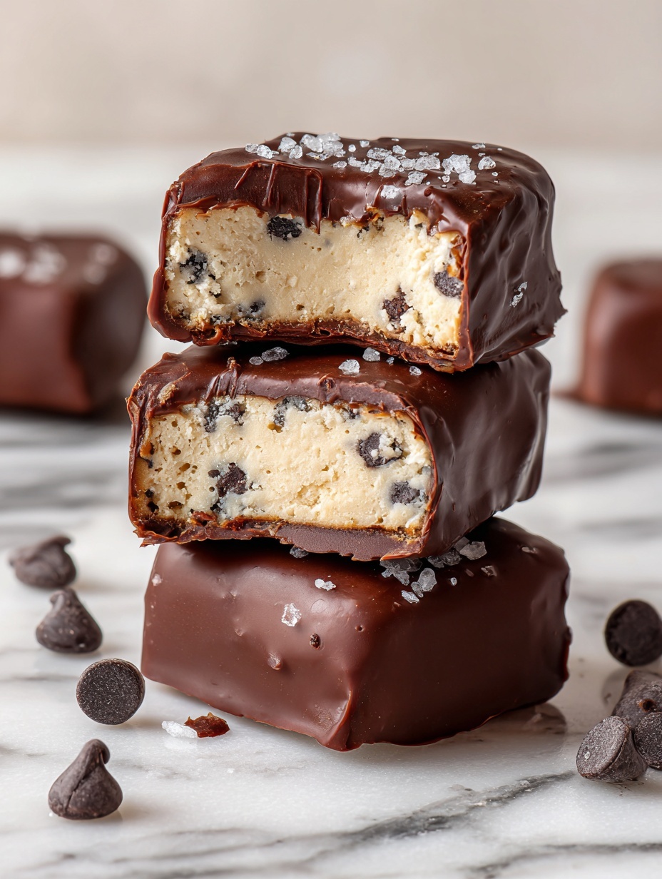 The image shows six round chocolate-covered treats placed on crinkled white parchment paper over a metal cooling rack. Each treat has a smooth dark chocolate outer layer sprinkled with coarse sea salt on top. Two of the treats are cut in half, revealing a creamy, light beige inner layer with small chocolate chips embedded inside. Scattered around the parchment are several dark chocolate chips and salt crystals. The whole scene is set against a white marbled background with a soft, natural light highlighting the glossy texture of the chocolate. Photo taken with an iphone --ar 2:3 --v 7