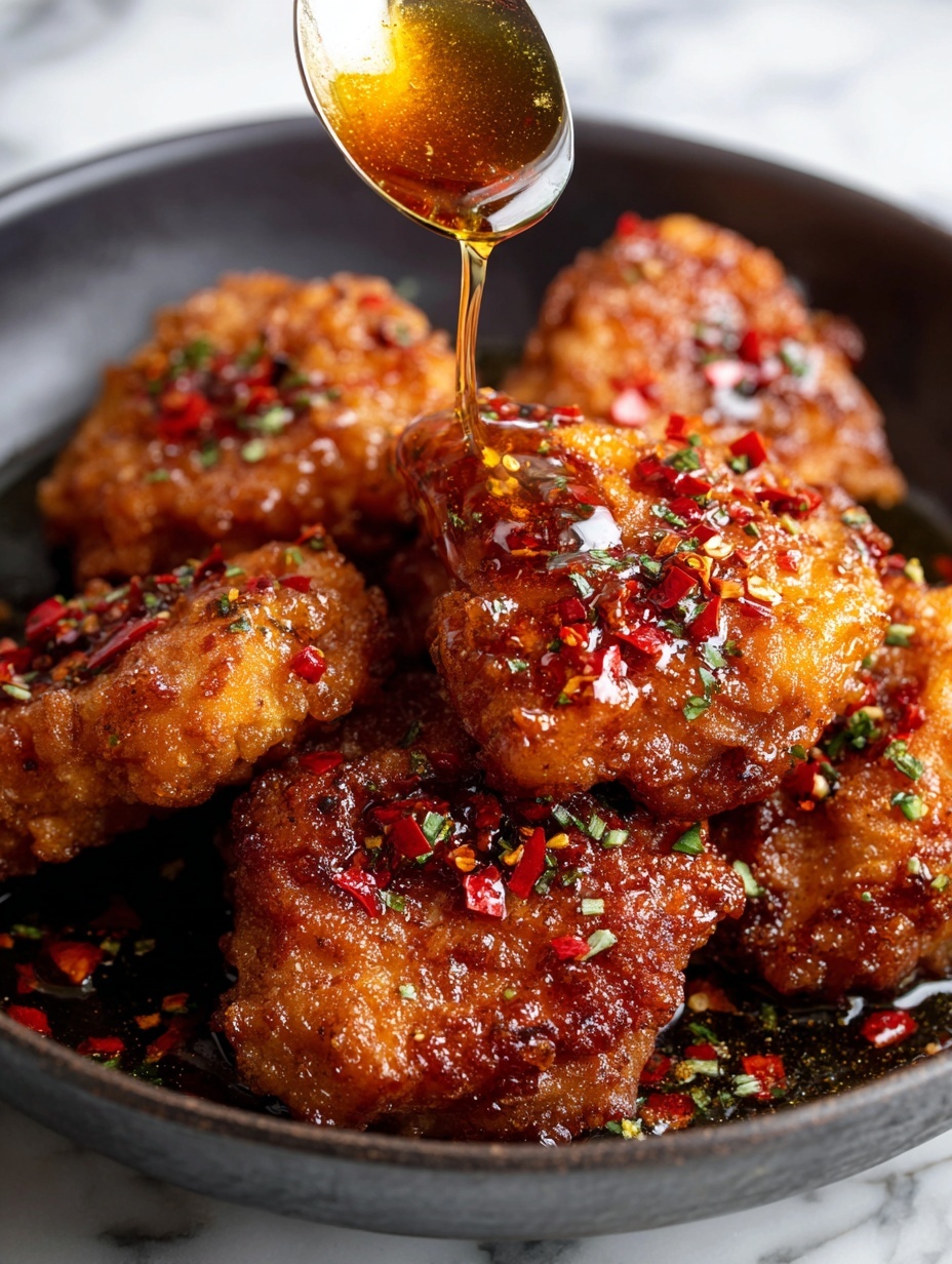 The image shows several pieces of golden brown chicken cooking in a black pan. Each piece is coated in a shiny, sticky glaze with small red chili flakes and green herb bits sprinkled on top. A spoon is pouring a thick, honey-colored sauce over one piece in the front, making it look glossy and rich. The chicken pieces have a textured surface with slight crisp edges and are arranged close to each other inside the pan. The background is a white marbled texture. photo taken with an iphone --ar 2:3 --v 7