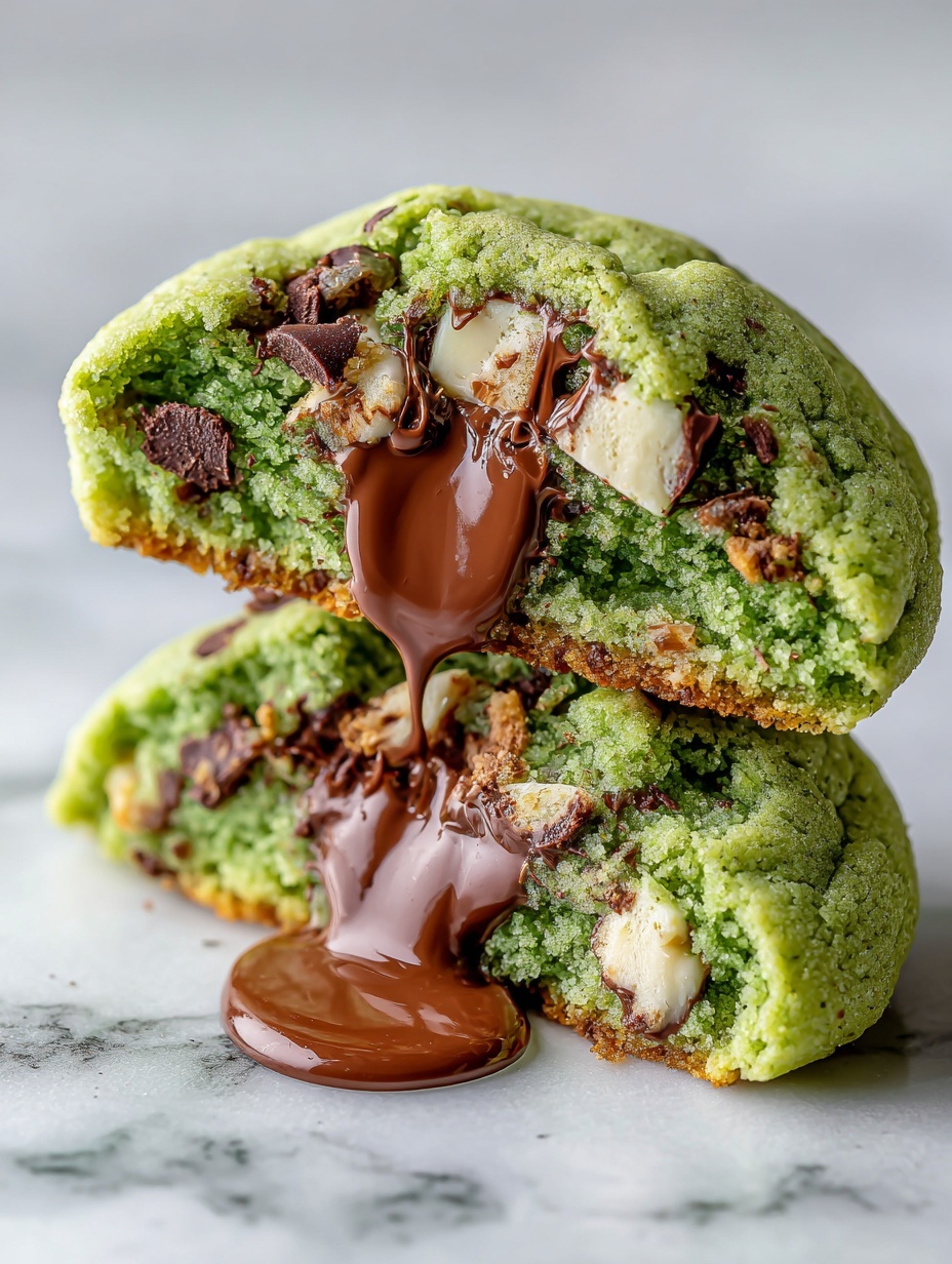 The image shows a stack of two thick cookies on a white marbled surface. The top cookie is broken in half, revealing a gooey dark chocolate center with melting chocolate pieces pulled apart between the halves. The cookie dough is bright teal with small bits of black cookie pieces and white chocolate chips embedded throughout, giving it a rough and chunky texture. The bottom cookie is whole but also textured with melted chocolate and cookie chunks. The focus is close up, showing details of the rich melted chocolate and the vibrant teal color of the cookies. photo taken with an iphone --ar 2:3 --v 7