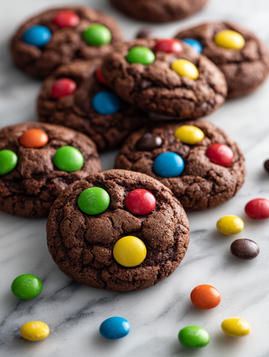 The image shows nine round dark chocolate cookies arranged closely on a white marbled background. Each cookie is topped with colorful candy-coated chocolate pieces in red, blue, green, yellow, orange, and brown, scattered evenly across the rough, slightly cracked surface of the cookies. The texture of the cookies looks soft with a slight firmness around the edges. A few candy pieces have small cracks, and some are fallen around the cookies on the white marbled surface. photo taken with an iphone --ar 2:3 --v 7