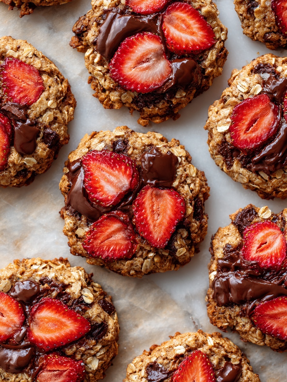 The image shows a close-up view of a round oatmeal cookie with several layers and colors. The base layer is a light golden-brown oatmeal cookie with a rough, crumbly texture, covered in small oats. Scattered throughout the cookie are bright red strawberry slices with their juicy texture clearly visible. There are also multiple chocolate pieces and large, melted dark chocolate blobs on the surface, adding a shiny and smooth contrast to the rough cookie dough. The cookie rests on a light beige baking paper background. Photo taken with an iphone --ar 2:3 --v 7