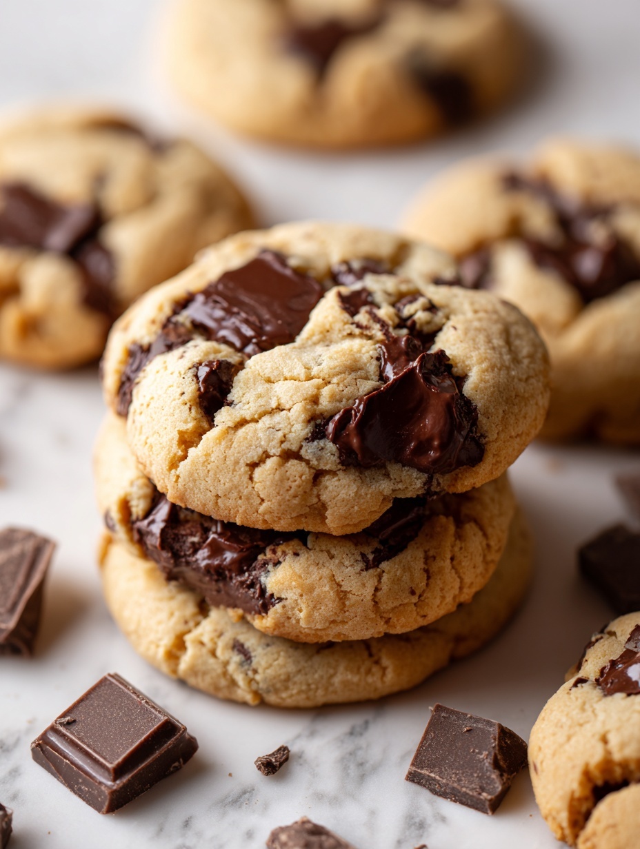 The image shows a stack of three chocolate chip cookies. The bottom cookie is whole and round with a light golden color and visible dark chocolate chips on its surface. On top of it is a second cookie, split in half horizontally, revealing a soft, thick, and chewy inside full of melted dark chocolate chunks that look glossy and rich. Resting on this half is the top half of the cookie, showing the same gooey melted chocolate and soft crumbly texture. Small chocolate pieces and chunks are scattered around the wooden surface. The background is blurred, keeping the focus on the cookies. photo taken with an iphone --ar 2:3 --v 7