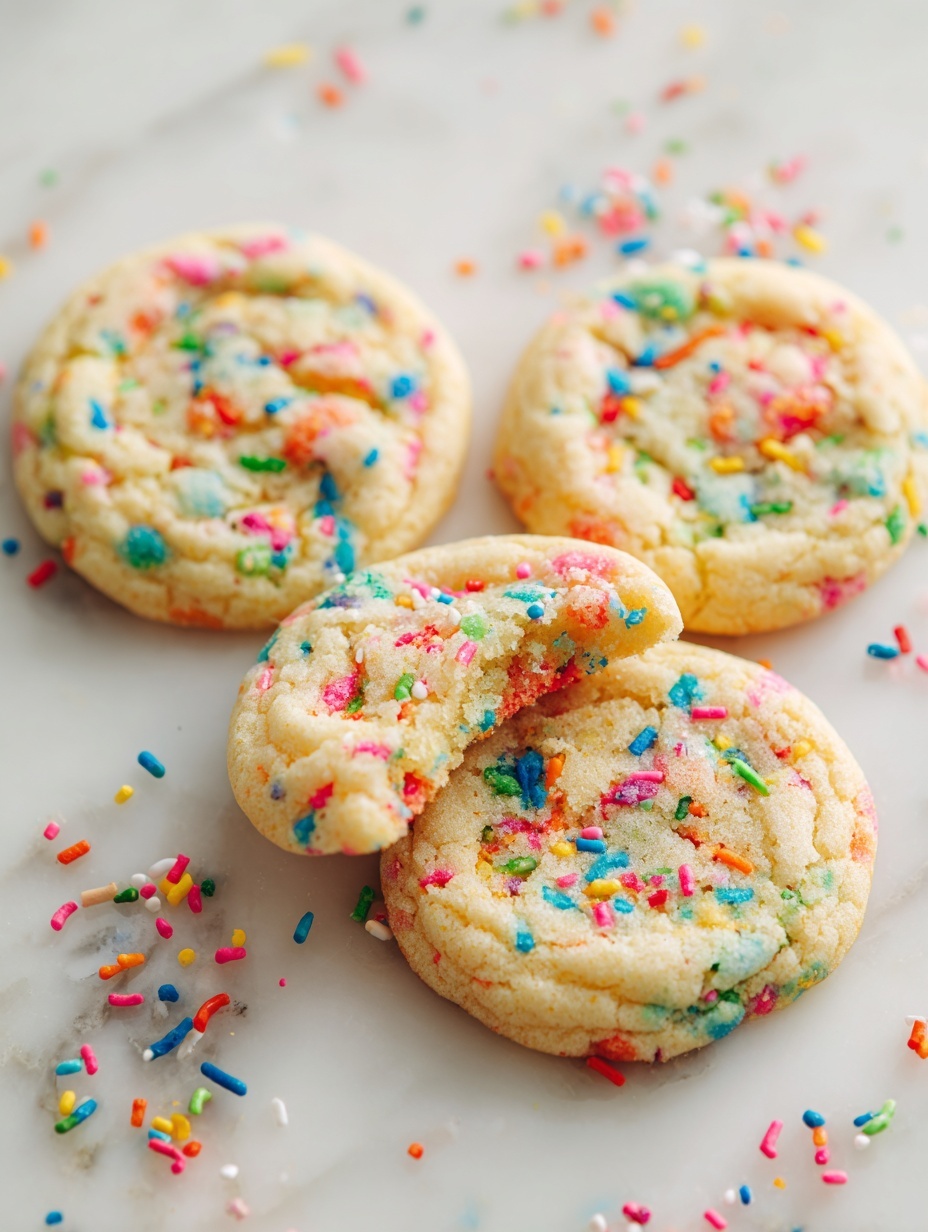 Twelve round scoops of cookie dough with colorful sprinkles are arranged closely together on a white tray. Each scoop is pale yellow with small bits of brown mixed in, topped with bright, multicolored sprinkles including red, blue, green, pink, orange, and purple. The dough texture looks soft and slightly crumbly, and the scoops are evenly sized and placed on a white marbled surface. photo taken with an iphone --ar 2:3 --v 7