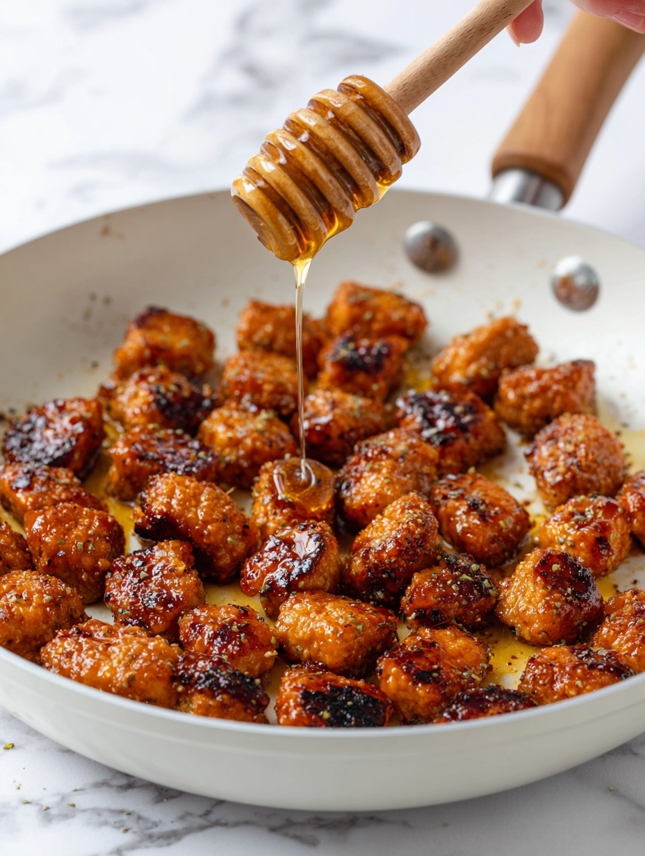 The image shows a white bowl filled with browned, crispy chicken pieces that are coated with a shiny honey glaze. The chicken chunks are golden-brown with some darker charred spots, giving a textured look. Above the bowl, a wooden honey dipper held by a woman's hand drizzles honey over the chicken, adding a sticky and glossy layer. The dish is placed on a white marbled surface, making the warm colors of the chicken stand out. Photo taken with an iphone --ar 2:3 --v 7