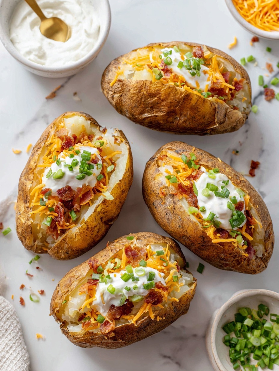 Four baked potatoes with rough brown skin are placed on a white plate with a raised dot pattern on the rim. Each potato is opened at the top, revealing soft white potato inside. The potato layers include orange shredded cheese, small pieces of cooked bacon, a dollop of white sour cream, and bright green chopped spring onions scattered over. The plate is on a white marbled surface, and in the background, there is a small white bowl filled with more white sour cream and a gold spoon inside. Photo taken with an iphone --ar 2:3 --v 7