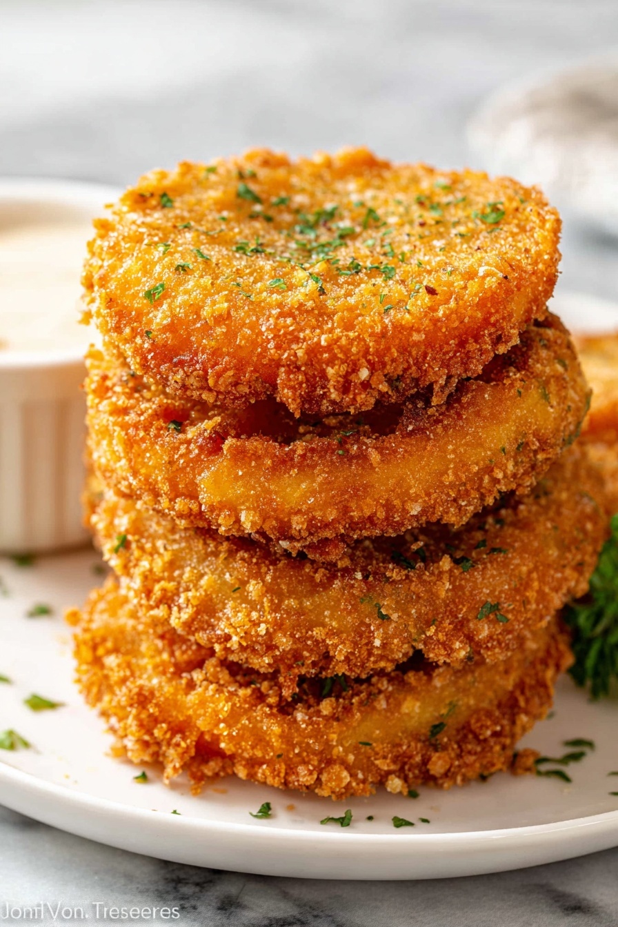 A stack of four round, thick, golden brown fried patties with a crunchy, crispy texture on a white plate, each layer showing a coarse, crumbly coating and small green herb bits sprinkled on top; the layers have a slight roughness and delicious fried look, set on a white marbled surface with blurred small white bowls of dipping sauce and green garnish in the background; photo taken with an iphone --ar 2:3 --v 7